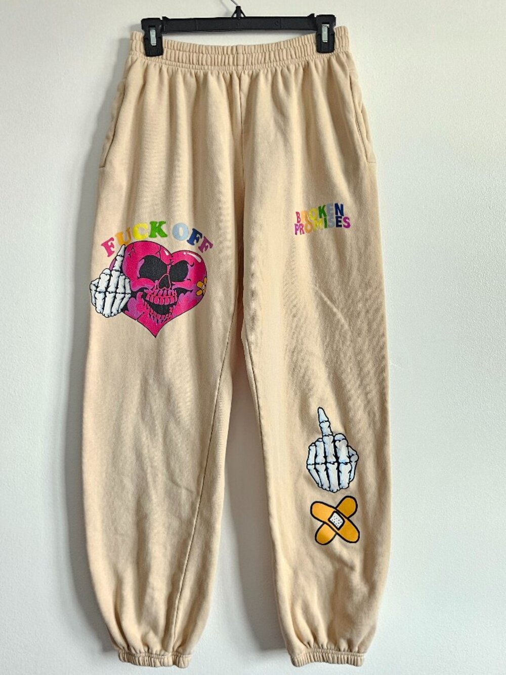 Broken Promises M Medium F Off Joggers Sweatpants Beige Cream Heart Rainbow